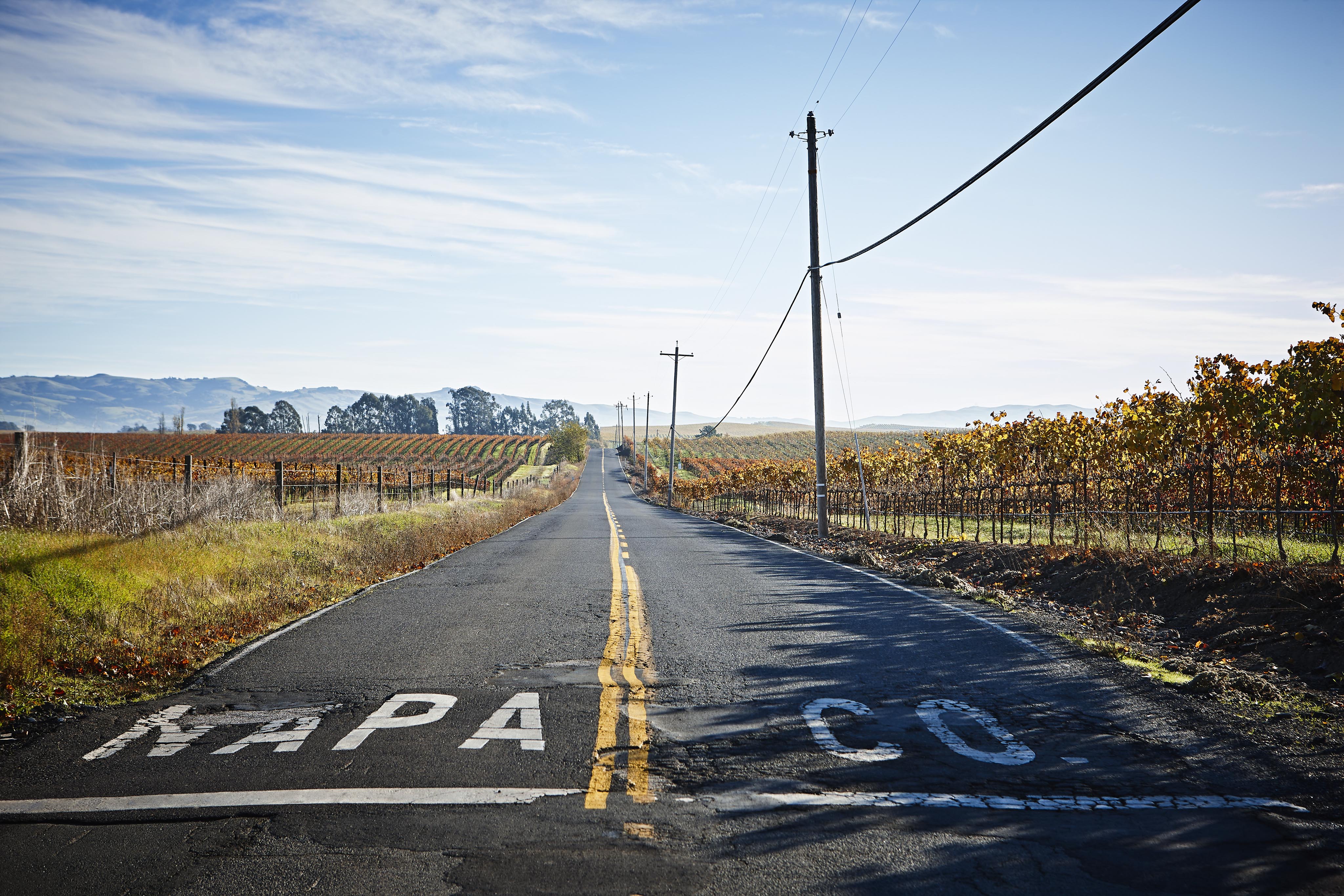 Narrow road with double yellow lines, flanked by vineyards under clear blue sky. Power poles and wires run alongside. "NAPA CO" painted on road surface, indicating Napa County.