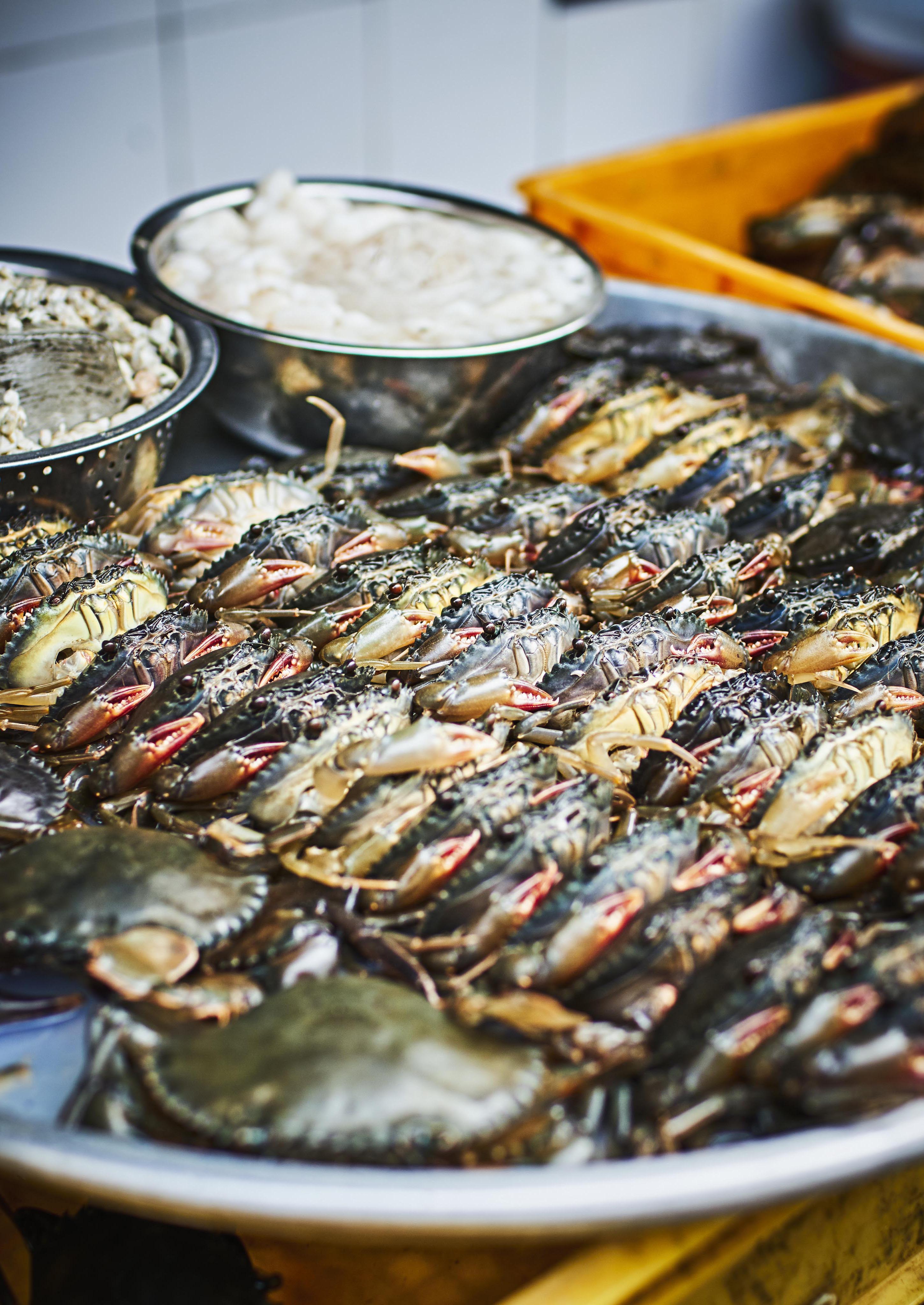 Several live crabs are displayed on a metal tray, with shrimp and another seafood variety in bowls nearby.