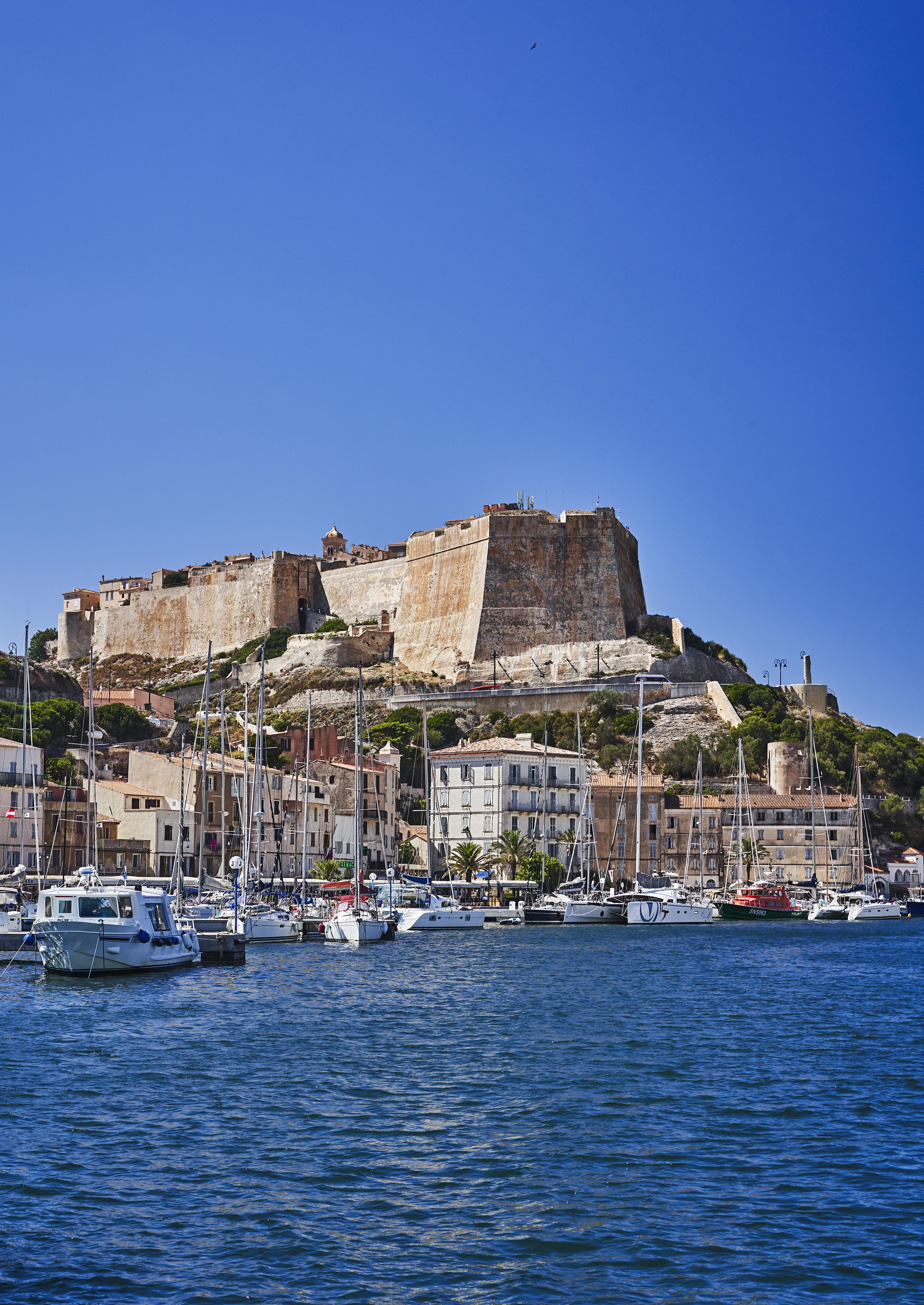 Fortified castle atop a hill overlooking a harbor filled with boats, with a town nestled below under a clear blue sky.