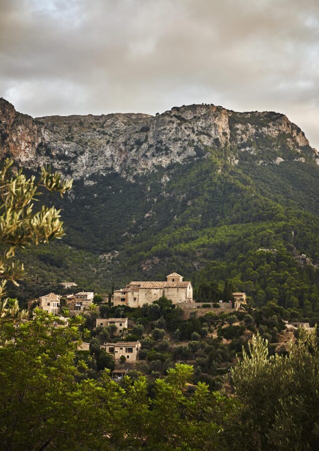 Stone buildings surrounded by lush greenery and trees, set against a backdrop of forested mountains under a cloudy sky.