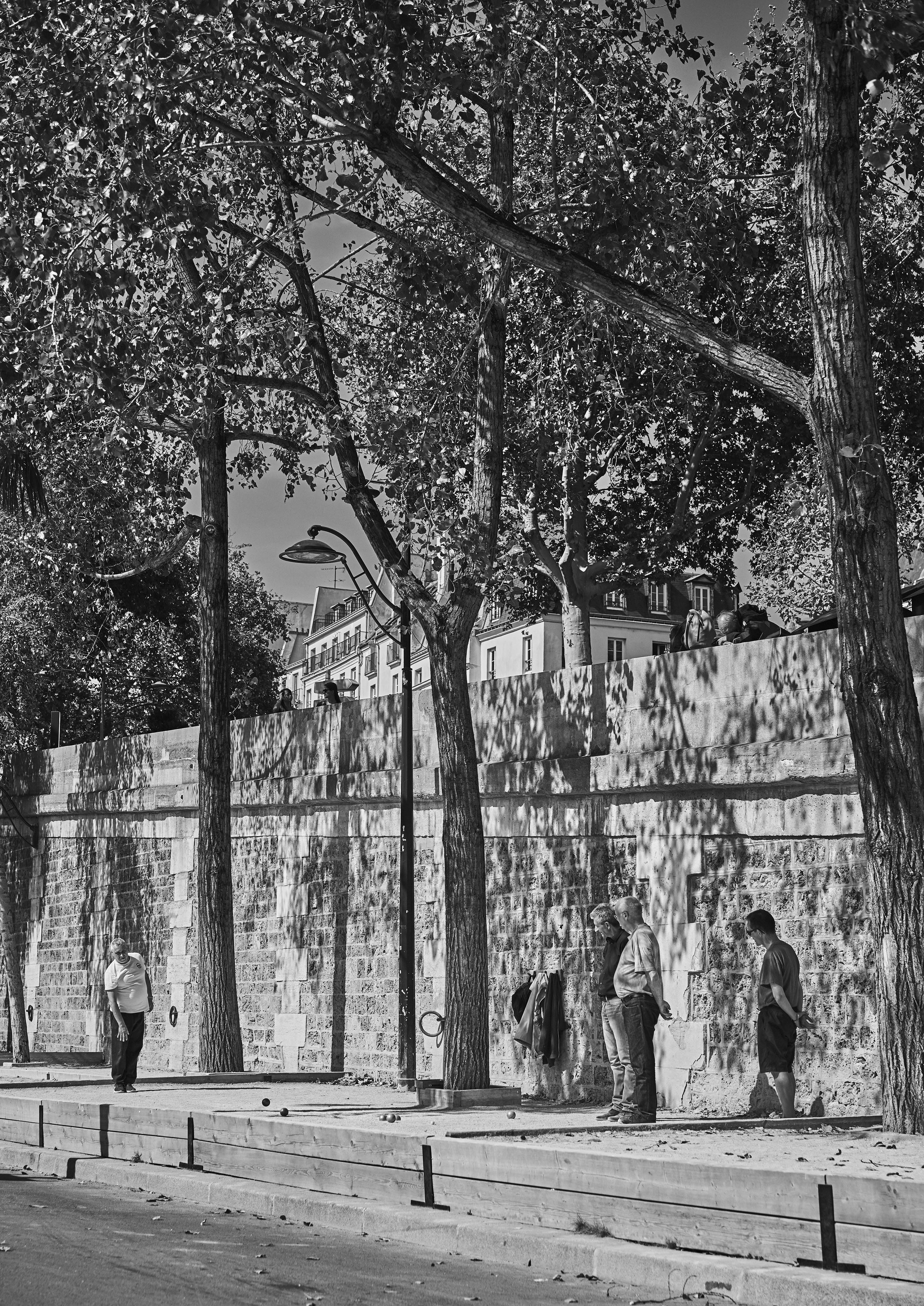 A black and white photo shows three people standing by a tree-lined stone wall on a sunny day. Shadows of the trees are cast on the ground and wall.