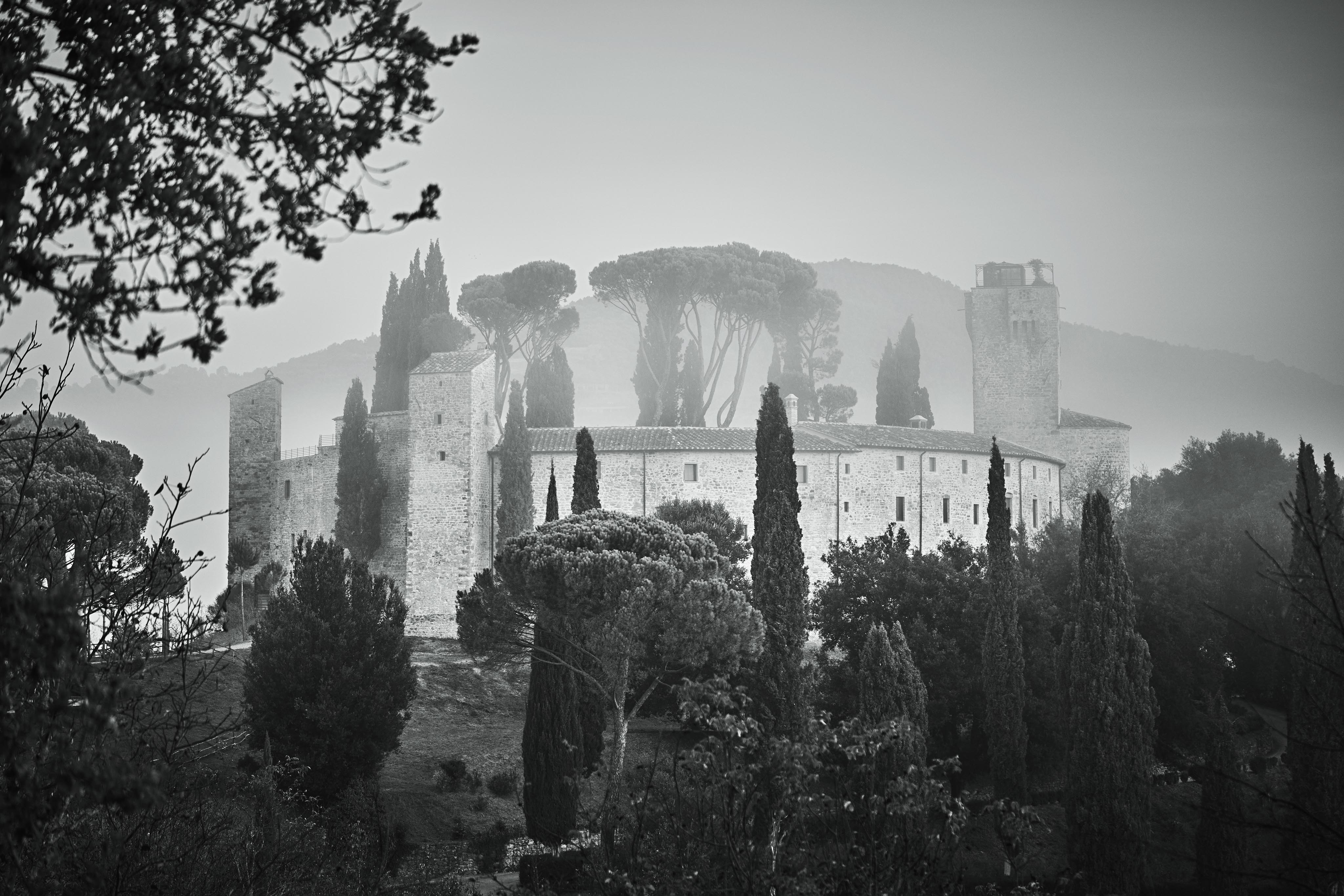 A foggy landscape with a medieval stone castle surrounded by cypress trees and hills.