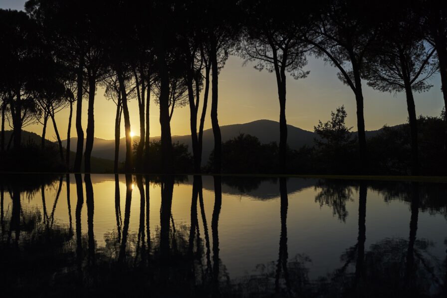 Silhouetted trees against a sunset reflect in a calm body of water, with mountains in the background.