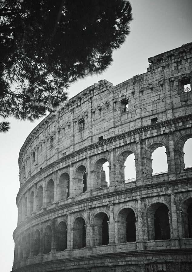 Black and white image of the Colosseum in Rome, partially obscured by a tree in the foreground.
