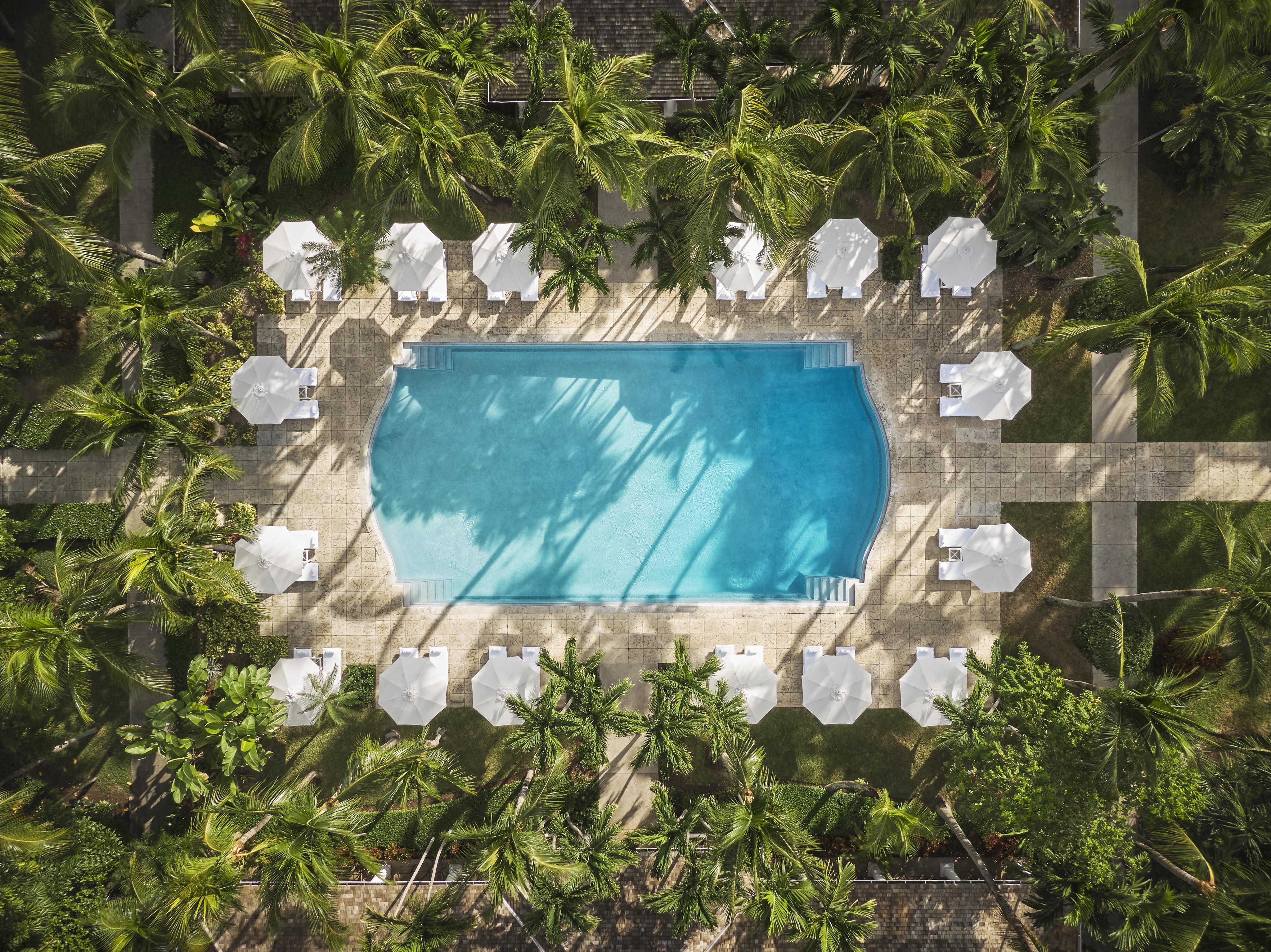 Aerial view of a the Ocean Club, A Four Seasons resort renowned versailles pool; rectangular in shape, surrounded by palm trees and white umbrellas. Pathways and greenery are visible around the pool area.