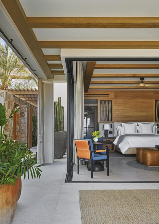 Four Seasons Cabo San Lucas at Cabo Del Sol open air casita suite, luxury furnishing and plants surrounding