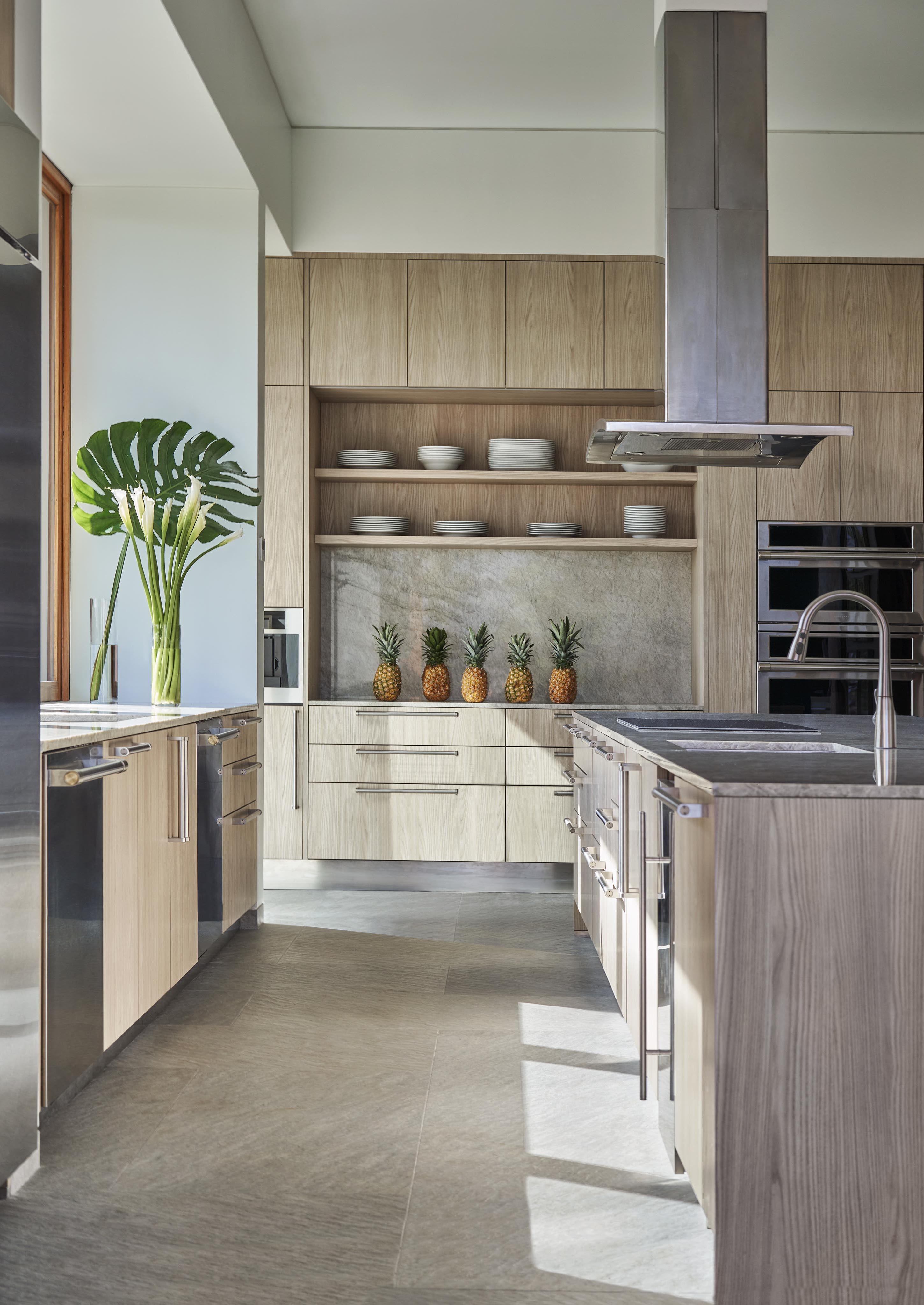 Modern kitchen featuring light wood cabinets, stainless steel appliances, and an island. The countertop is adorned with pineapples and a potted plant, adding a touch of Central American flair to the space.