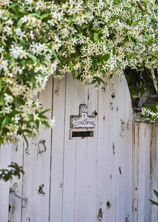 White wooden gate with peeling paint, adorned by white flowering vines. A sign with the number 22 and the text "the villa" is visible above a small letterbox.