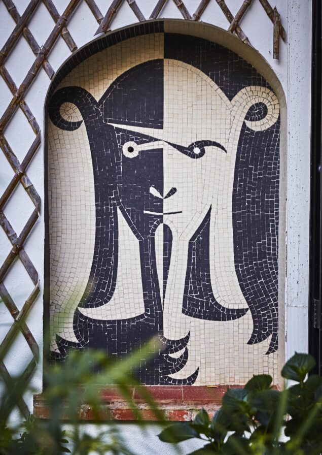 Mosaic art featuring a stylized face in black and white tones, set within an arched niche. Surrounded by a trellis and greenery.