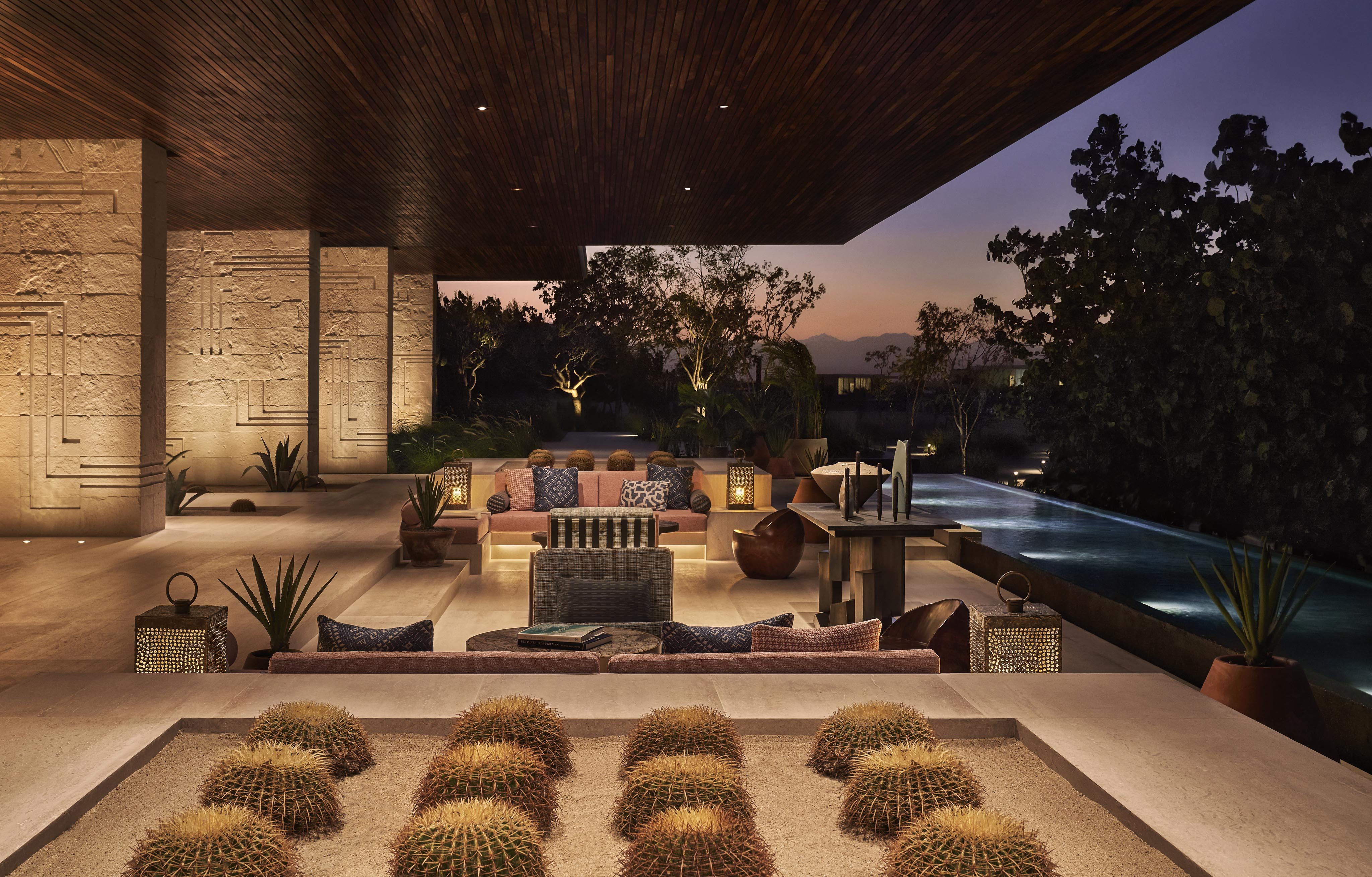 Open air Four Seasons Los Cabos at Costa Palmas hotel lobby at dusk