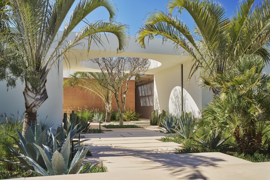 Los Cabos villa breezeway surrounded by palms and desert plants