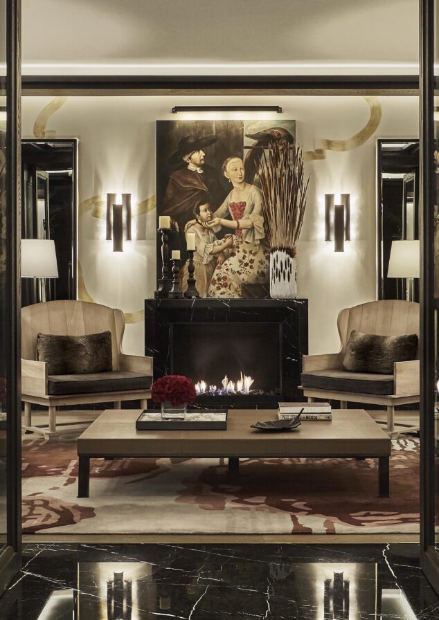 Dimly lit interior architecture capture of elevated old world style Four Seasons Mexico City lobby sitting room.