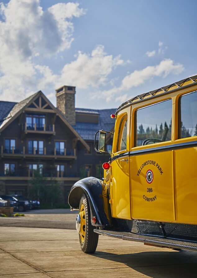 Montage resort Big Sky exterior with yellow taxi foreground