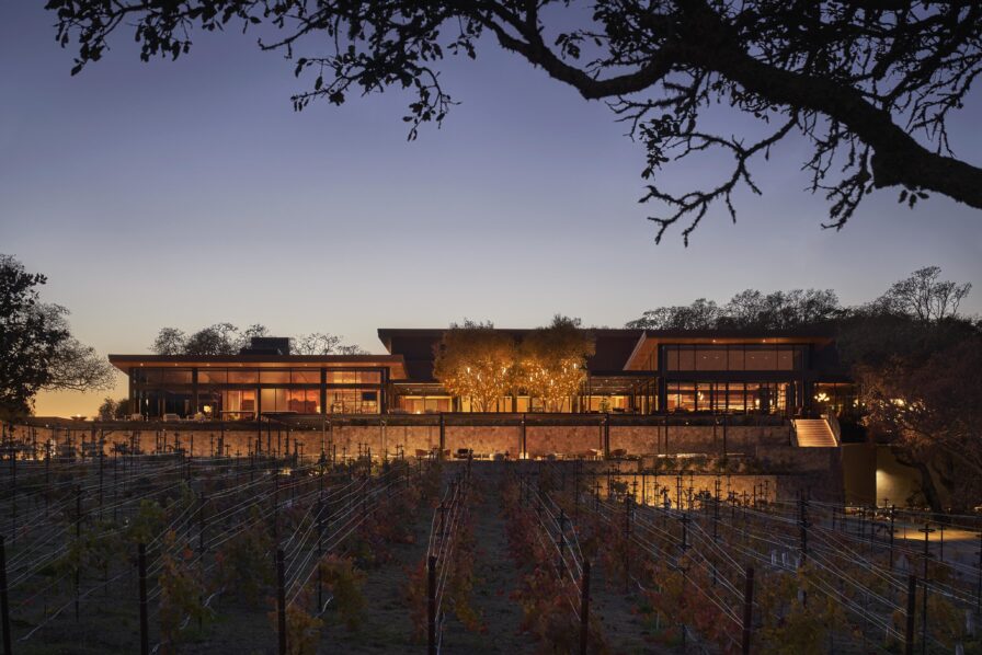 A modern building with large windows is illuminated at dusk, surrounded by trees and in front of a vineyard.