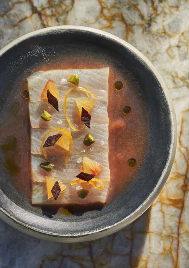 A modern edgy presentation of rectangular sashimi resting in shallow dish with light red sauce, garnished with citrus pieces, tiny herbs, and oil droplets; served from Montage Healdsburg restaurant; Hazel Hill. The background is a textured stone surface.