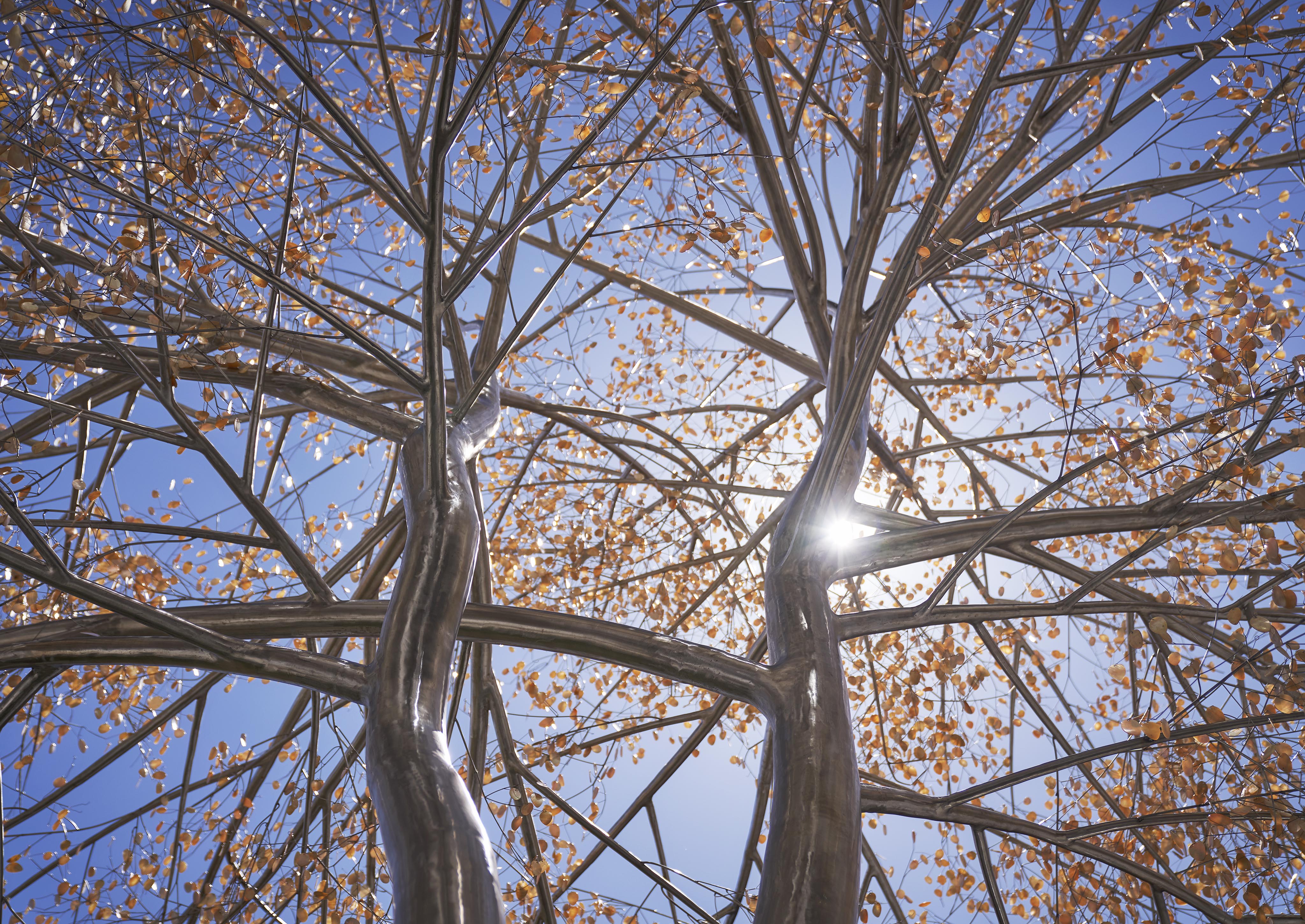 Silver metal tree sculpture against a clear blue sky, with sunlight peeking through the branches and small golden leaves scattered throughout.