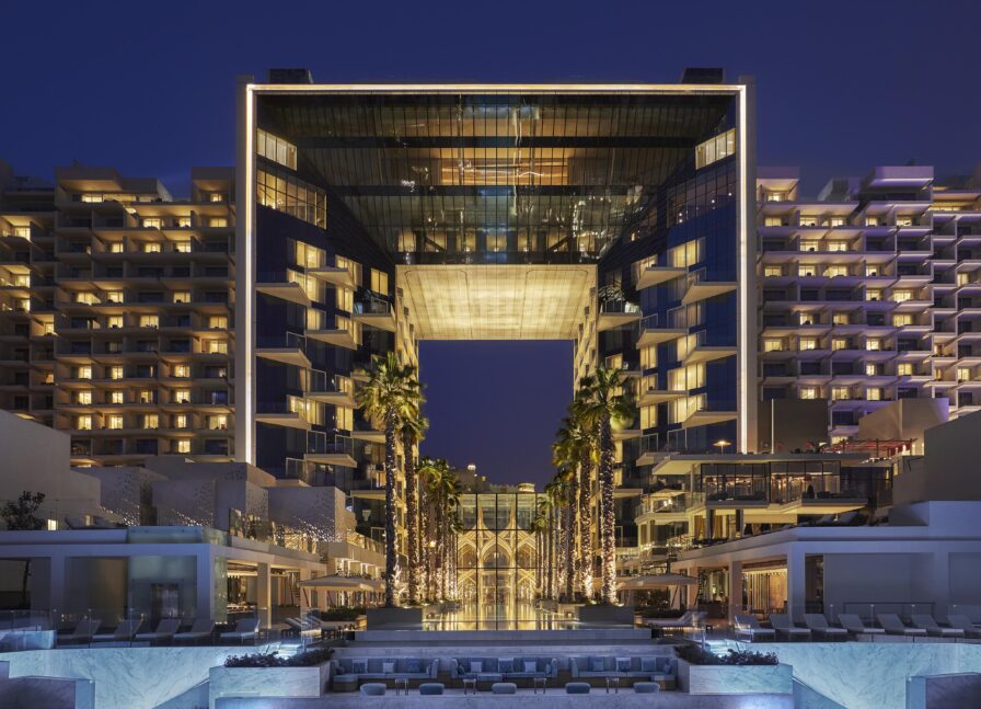 Luxury hotel exterior at night Dubai